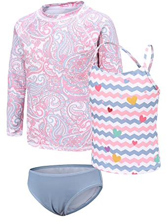 Mädchen-Badeanzug, 3-teiliges Rashguard-Set, Kinder-Mädchen-Badeanzug-Set, langärmelige Rash-Weste und Shorts, Tankini, Schwimmset für 5–16 Jahre, Pink Grau, 11-12 Jahre