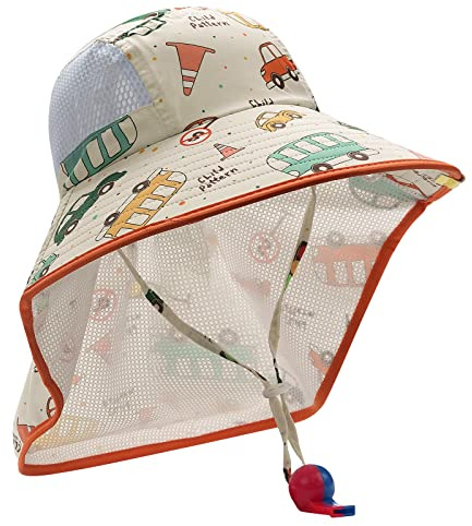 CLAPE Mesh solhatt barn brett brätte fiskarhatt nät sommarhatt flicka pojke UV-skydd strandhatt för 3–10 år topphatt med nackskydd, BAY02-beige bil, En Storlek