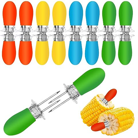 16Pcs/8 Pairs Corn Holders Stainless Steel Corn Holders Corn on the Cob Skewers with Multi-Colour Silicone Handle for BBQ Home Cooking Parties Camping