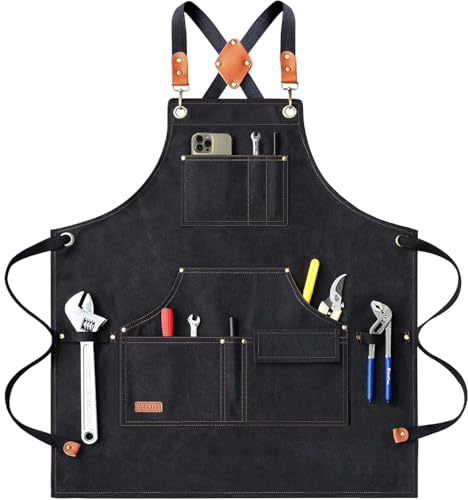 AFUN Work Aprons for Men with Large Pockets, Cotton Canvas Cross Back Heavy Duty Adjustable Tool Apron, Size M to XXL (Black)