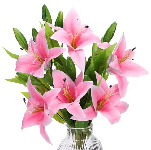 PATIKIL Giglio Fiori Fiori, 6pz Giglio Artificiale Fiori Artificiale Giglio Seta Finto Fiori Vaso Vero Touch per Casa Decorazioni Centrotavola Tavolo Decorazioni Sala Pranzo Camera, Rosa