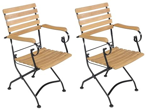 METRO Professional Gartenstuhl mit Armlehne Baviera, 2er Set Klappstühle, Stahl/Akazienholz, 150 kg Tragkraft, Natur/Schwarz