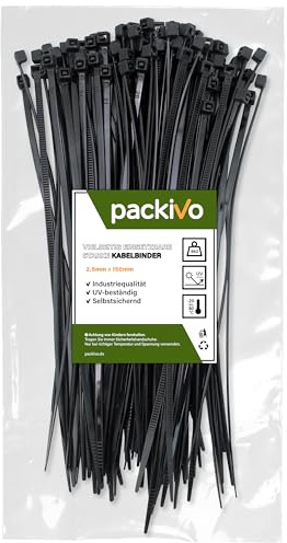 packivo Cable Ties, 2.5 x 150 mm, Black, Stable and Tear-Resistant for Cable Management, UV-Resistant, 8 kg Tensile Strength, Industrial Quality, Made of Durable Nylon, Pack of 100