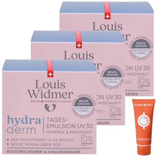 Louis Widmer hydraderm Tagesemulsion UV30 unparfümiert 3x 50 ml I für normale & Mischhaut I Anti-Ageing Tagespflege I Feuchtigkeit I Lichtschutzfaktor 30 I Spar-Set plus Pharma Perle give-away