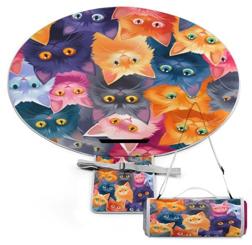 Xiputvl 3D-Eindruck Bunte Gruppe von Katzen Picknickdecke Tiere Strandmatte Outdoor Teppich Wasserdicht, Faltbar Picknick Für Trocken Strand, BBQ, Picknick, Wandern 148x148cm
