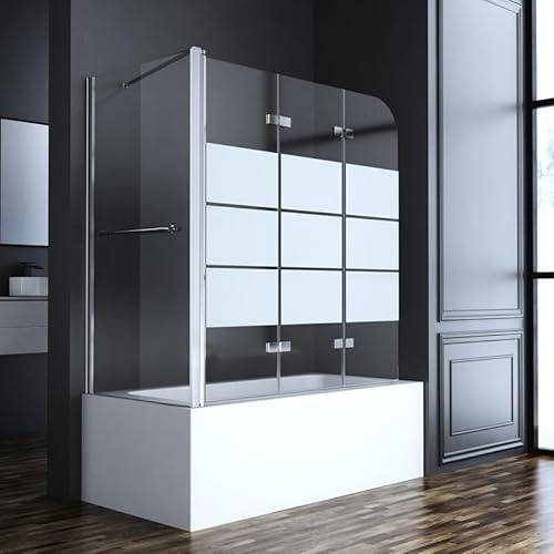 Duschwand für Badewanne mit Seitenwand 75x120x140cm 3-teilig Duschabtrennung, Faltbar Gestreift Duschtrennwand 6mm EGS Sicherheitsglas, Klappbar Badewannenaufsatz Trennwand mit Handtuchhalter