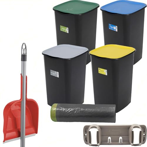 Sicignano | Juego de cubos de basura reciclados con tapa de recogida selectiva de papel de vidrio plástico diferenciado 50 litros, 15 bolsas grises, con pala y colgador de colores surtidos