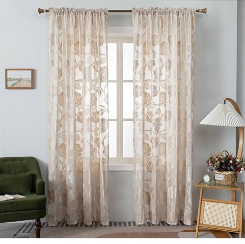 Wycian Gardine Querbehang Oben Ösenvorhang Creme Beige Voile 2er Pack mit Blumenmuster H244 x B107 cm (2er Pack) Polyester