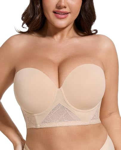 HWDI Strapless Longline Bra for Women Convertible Multiway Lace Corset Lift Up Bras Underwired Plus Size Beige, 36D