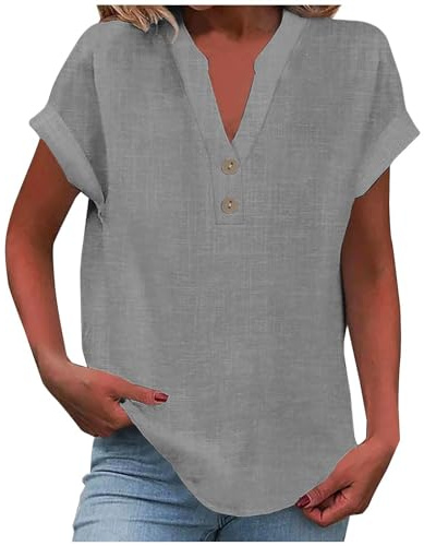 KOG Damen Tshirts Mode Baumwolle Leinen Tee T-Shirt Fashion Kurzarm Blusenshirt Frauen Oberteile Elegante Leinenhemd Top Frau Rundhals Lässig Shirt Grau L
