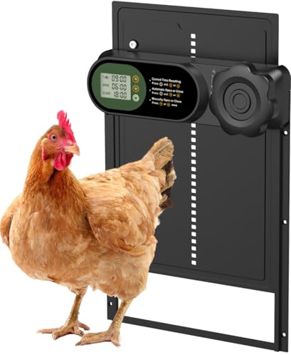 Budsom Puerta automática de gallinero alimentada por pilas, pantalla LCD, gran abridor automático de aluminio con sensor antipellizcos, temporizador inteligente e impermeable para gallinas, patos