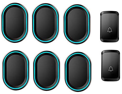 WOTZOV Timbre inalámbrico, 2 pulsadores y 6 receptores, Timbre de Puerta inalámbrico Resistente al Agua con Enchufe de Pared, función de Memoria de Apagado, Flash LED, Alcance d,Negro