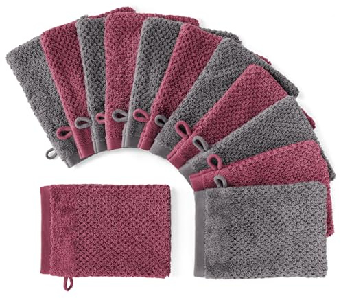 Pure Label Waschhandschuhe 12-TLG 12x16x21, Anthrazit | Beere | weich, saugstark, 100% Baumwolle & OEKO-TEX, mit Schlaufe