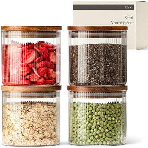 KIVY Barattoli Vetro Ermetici Rigati [4x 600ml] - Barattolo Vetro con Coperchio - Barattolo Sale Zucchero Caffè - Barattoli Cucina in Acacia - Contenitore Sale - Porta Pasta con Coperchio