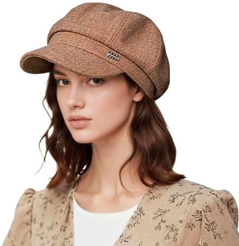 HIQIU Damen Ballonmütze Schirmmütze Warme Wintermütze Damen Achteckige Barett Cap Malerhut für Herbst und Winter (DE/NL/SE/PL, Alphanumerisch, Einheitsgröße, Camel)