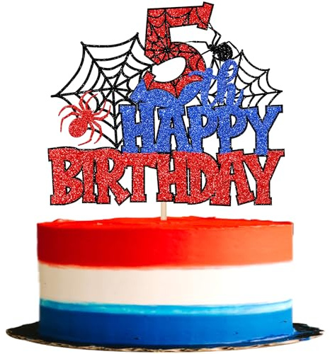 1 Stück Spinne Thema Tortendeko 5th Happy Birthday Cake Topper Glitzer Schrecklich Spinnennetz Kuchen Deko für Spinne Thema Kinder Fünfte Geburtstag Party Kuchen Dekoration Blau Rot