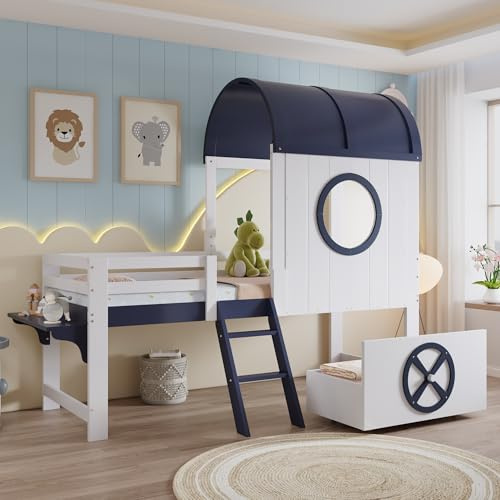 OKMYHOME Kinderbett 90 x 200 cm – Hüttenbett mit Stauraum und maritimes Design – Kiefer und MDF – ohne Matratze – Weiß + Dunkelblau