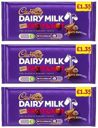 Sweet Treat - Dairy Milk Fruit and Nut Chocolate Bar PMP 95g (3 x 95g) Milk chocolate with dried grapes and chopped almonds | Delightful Treats | Gift for All Occasions By Experts Supplies Ltd