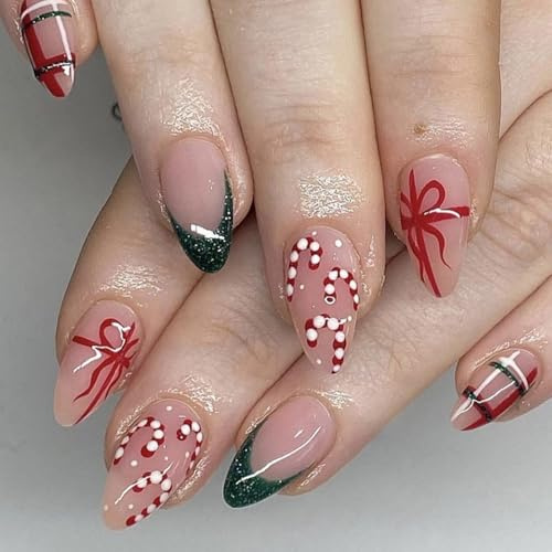 Noël Faux Ongles, 24 Pièces Ongles Press On de Noël pour Femmes, Artificiel Ongle Pressés Noëls, Christmas Faux Ongle à Coller, pour Femmes et Filles Festival DIY Nail Art Décoration (F)