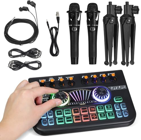 MUELODSIC Professionelles Podcast Mikrofon Satz mit Dj Mixer und Live Soundkarte Robuste Metall und Kunststoffkonstruktion für Live Streaming und Gaming Anwendungen