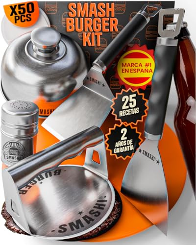 SMASHI® Smash Burger-kit med 7 st professionellt set | Smasher + 2 spatlar med öppnare + lock för att smälta ost + kryddor + 50 non-stick papper + 25 st smörjrecept för hemlagning (Avancerad)