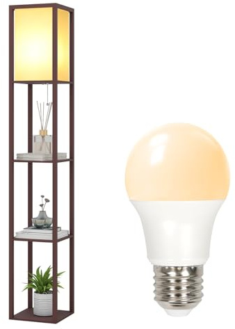 PULUOMIS Floor Lamp with Shelves, 3 Tier Storage Standing Lamp with 8W LED Bulb, Modern Shelf Floor Lamp for Living Room and Bedroom, Brown