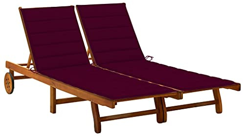 Hoopleep 2-personers solstol, akacia massivt trä, vinröd, justerbar, utomhus relaxstol med hjul, bekväm trädgårdsstol för terrass, pool, balkong