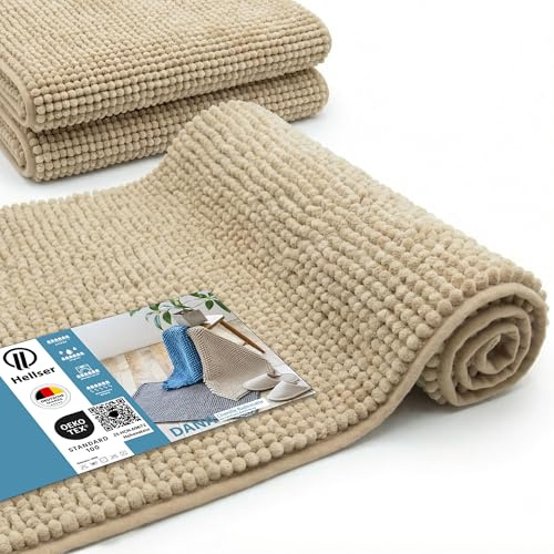HELLSER Badezimmerteppich Dana | rutschfest & Waschbar | Weiche Chenille Badematte Kurzflor | Saugfähig & Schnelltrocknend | Oeko-TEX für Fußbodenheizung | Beige | 60x120 cm