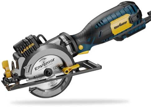 ENVENTOR Minicirkelsåg, Mini handcirkelsåg 705W, 3500RPM, Laserguide, 6 blad Ø115mm, Kapning: 42,8mm/90º, 28mm/45º, för kapning av kakel, trä, mjuk metall