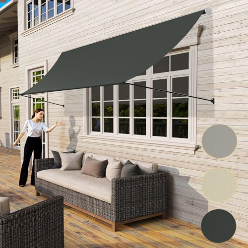 UISEBRT Fallarmmarkise Fenstermarkise einziehbar 235x145 cm, Balkonmarkise mit Kordel und Aluminium Stützstange,Sonnenmarkise UV-Schutz Wetterfest für Fenster Terrasse Balkon, Anthrazit