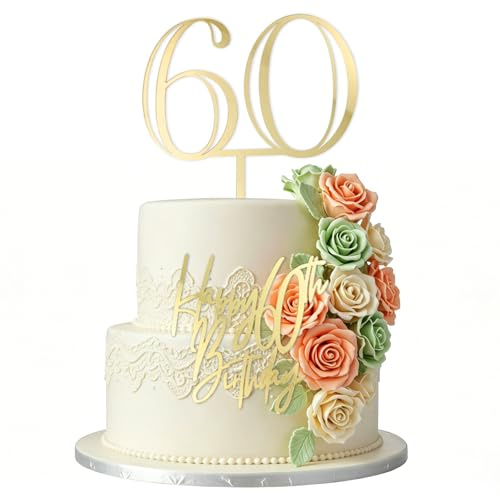 2PCS 60th Birthday Cake Topper,Elegant Large Gold Number 60 Acrylic Cake Decorations,Reusable,Retirement Party, Diamond Wedding Anniversary Celebration