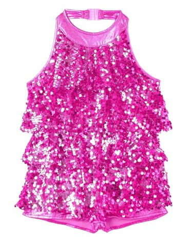 LUYSGBXR Body Danza Costume da ballo latino moderno jazz for bambine e ragazze, con scollo a V, paillettes lucide, corto, tuta, abbigliamento for spettacoli teatrali, abbigliamento da ballo(Rose,8)