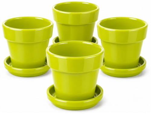 Maceta cerámica verde con plato Pack de 4, macetero esmaltado para plantas de interior y exterior, tiesto decorativo para flores, cactus y suculentas, ideal para cocina, balcón, terraza y hogar