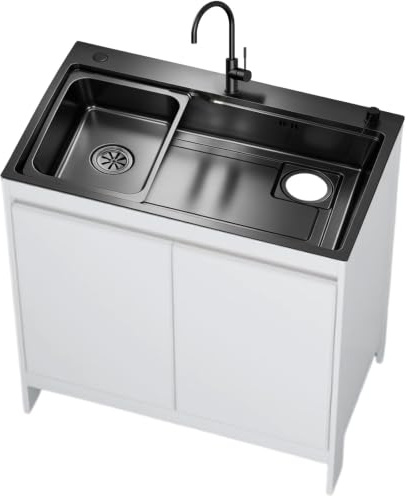 Mueble Fregadero Lavadero, Armario de Aluminio de Nido de Abeja Impermeable con Fregadero de Acero Inoxidable Negro Nano, Lavadero Portante Exterior/Interior con Grifo Cuello de Cisne, Blanco/Gris