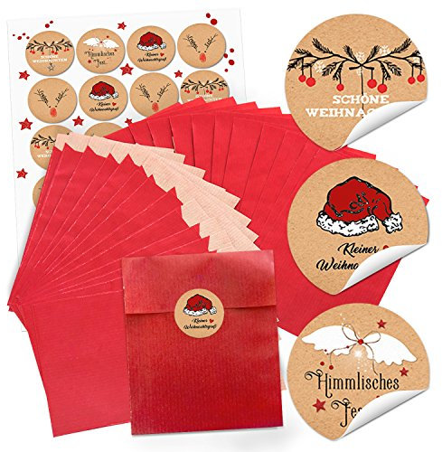 24 runde Papiertüten 18 x 13 x 8 cm mit 24 Weihnachts Stickern Text Frohe Weihnachten mini rot Set Geschenkbeutel zum Befüllen Made in Germany Logbuch-Verlag