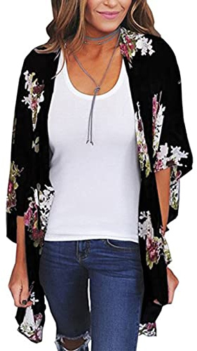 YULOONG Damenmode Bademode Vertuschung Chiffon Blumendruck Kimono Lose Schal Strickjacke Sommer Bluse Bademode Capes, Schwarz A, 3XL