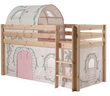 Vipack Spielbett Pino mit Textilset Vorhang und Tunnel Birdy Kiefer massiv Natur