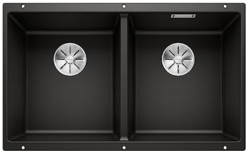 BLANCO SUBLINE 350/350-U | SILGRANIT Sink in Black | Installation Type: undermount Installation | for 80 cm Wide Base cabinets | Two Bowls, one Cut-Out and only one Installation | [75.5x46x21.2 cm]