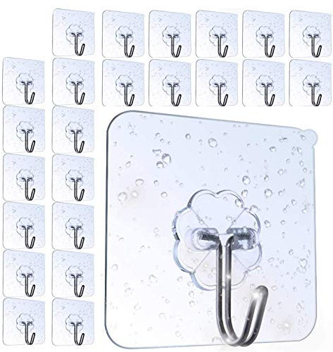 AOMEES Heavy Duty Adhesive Hooks 8kg (Max) 24pcs - Self Adhesive Wall Hooks for Kitchen, Bathroom, Hanging Utensils, Towels, Keys, Cups and More