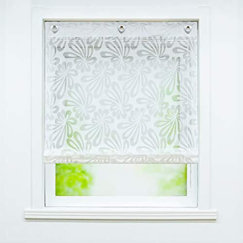 Joyswahl Ausbrenner Raffrollo mit Floral Motiv »Olivia« transparente Ösenroll mit Hakenaufhängung, ohne Bohren Küche Wohzimmer Gardinenschals BxH 100x140cm Weiß 1 Stück