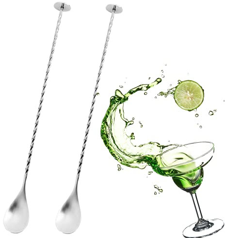 Cocktail Stirrers - 2Pcs Stainless Steel Bar Spoon with Masher - 28cm Drink Stirrers for Coffee, Sundae, Ice Cream Spoons