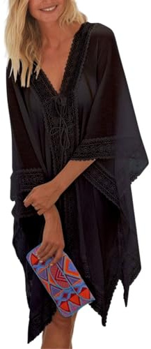 JFAN Copricostume con Scollo a V Cover up Mare Donna Pizzo Copribikini Vestiti Bianco Abito da Spiaggia Mini Abito Vestito Beachwear con Coulisse,Nero,Taglia Unica
