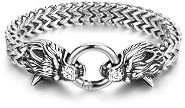 Zysta Herren Armband Wikinger Armband Dopplt Wolfskopf Edelstahl Armkette Wikinger Gotik Biker Armreif für Männer Papa Geschenk