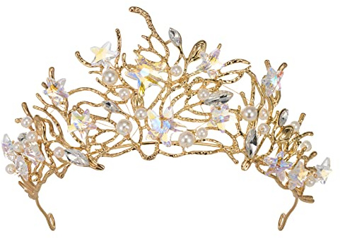 SWEETV Mermaid Tiara for Girls Women, Gold Princess Crown Diadem, Jeweled Headpiece Costume Hair Accessories for Birthday Prom Quinceanera Halloween