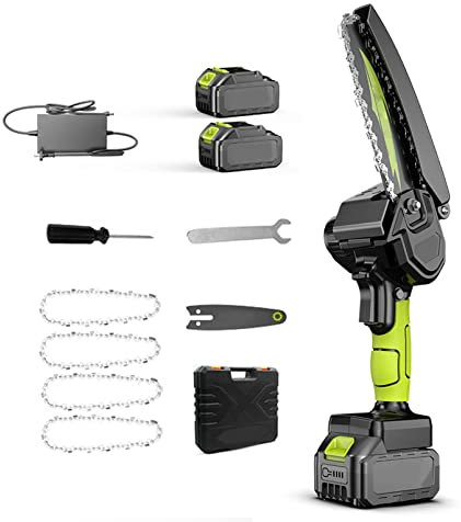 GZPFDQ 6 Inch Mini Motosierra Batería Brushless, Pequeña Motosierras Pequeñas de Cadena Portatil,con 2 Baterías y Cargador,4 Cadenas, para Podar Árboles de Jardinería y Cortar Ramas de Madera