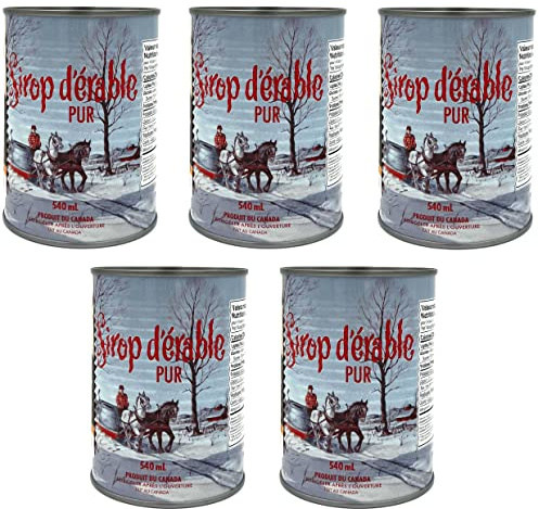Pack de 5 conserves de sirop d'érable doré du Québec - Pur à 100% - Canne de 540ml x 5 unités - Sirop d'érable de première qualité