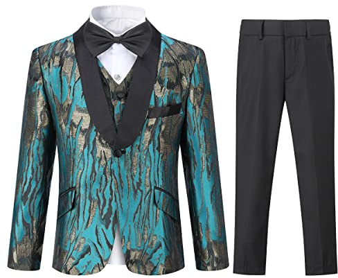 Sliktaa Jungen 3 Stück Anzüge EIN Knopf Anzüge Hochzeit Geburtstag Party Prom Performance Anzug Blazer Weste Hose Multicolour Pfauenblau 6 Jahre