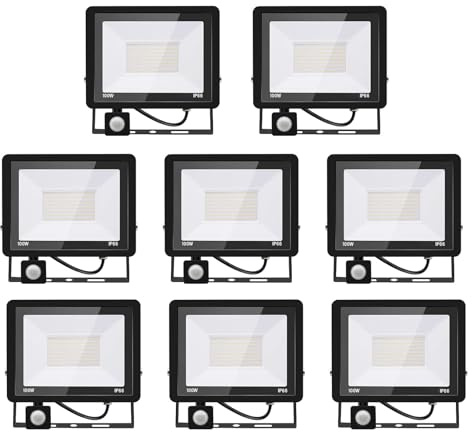 8PACK - Projecteur LED 100W Avec Détecteur de Mouvement, Blanc Froid (6000K) 10000LM, Extérieur IP66 Imperméable, Pour Sécurité, Garage, Couloir