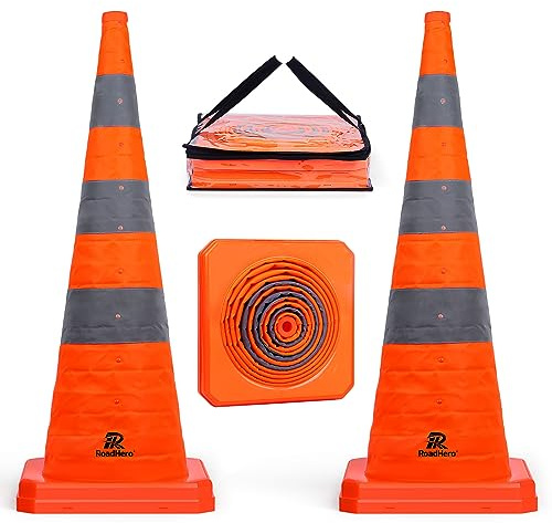 RoadHero 36 Inch 2 Pack Collapsible Traffic Safety Cones, Multi Purpose Pop-up Cones with Reflective Collar for Road Safety, Orange Cones for Driving Training, Parking Lots