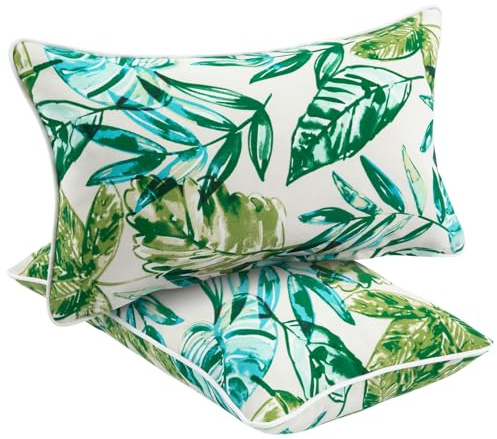 Water Resistant Outdoor Lumbar Pillows for Patio Furniture,12x20 Inch Decorative Pillows Set of 2 with Insert,Hidden Zipper Headrests for Sofa Couch Chair(Palm Leaf)